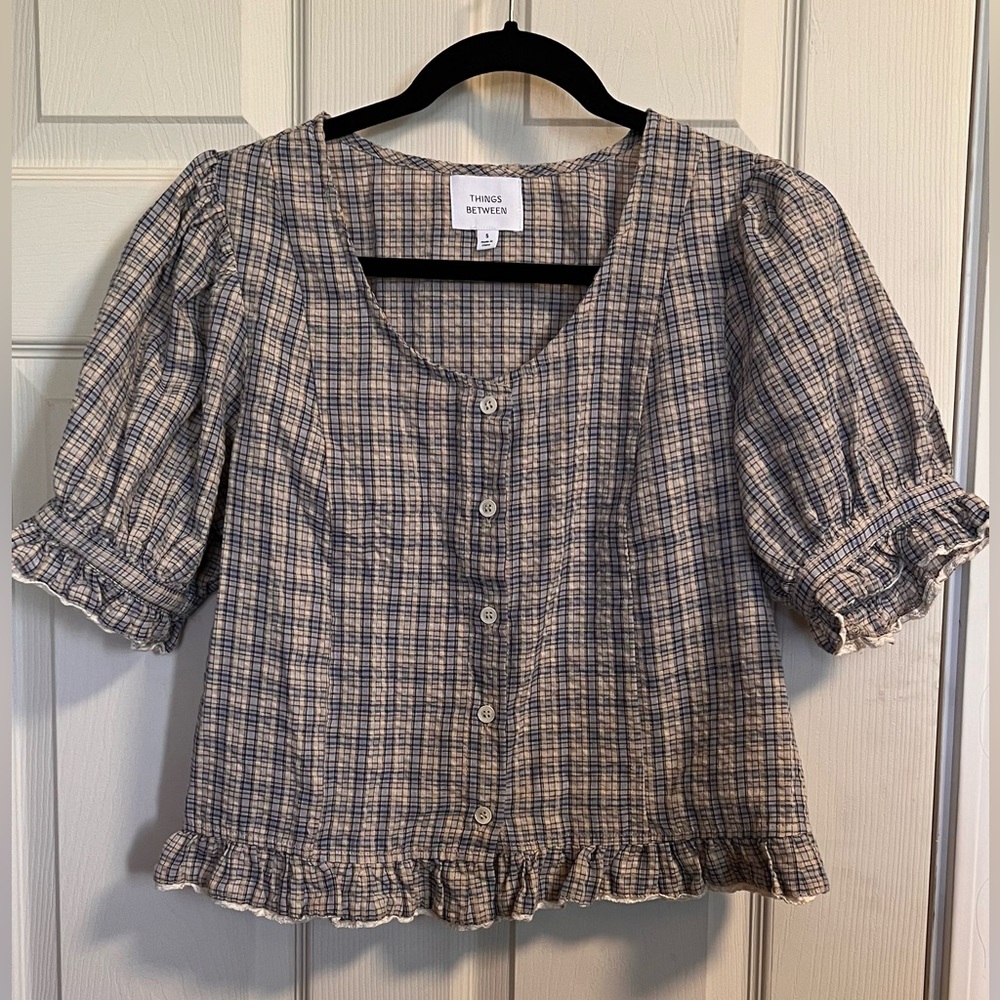 Things Between Plaid Cotton Button up Blouse with Ruffles